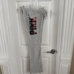 PINK victoriaria secret pants. Grey print with emblems, medium